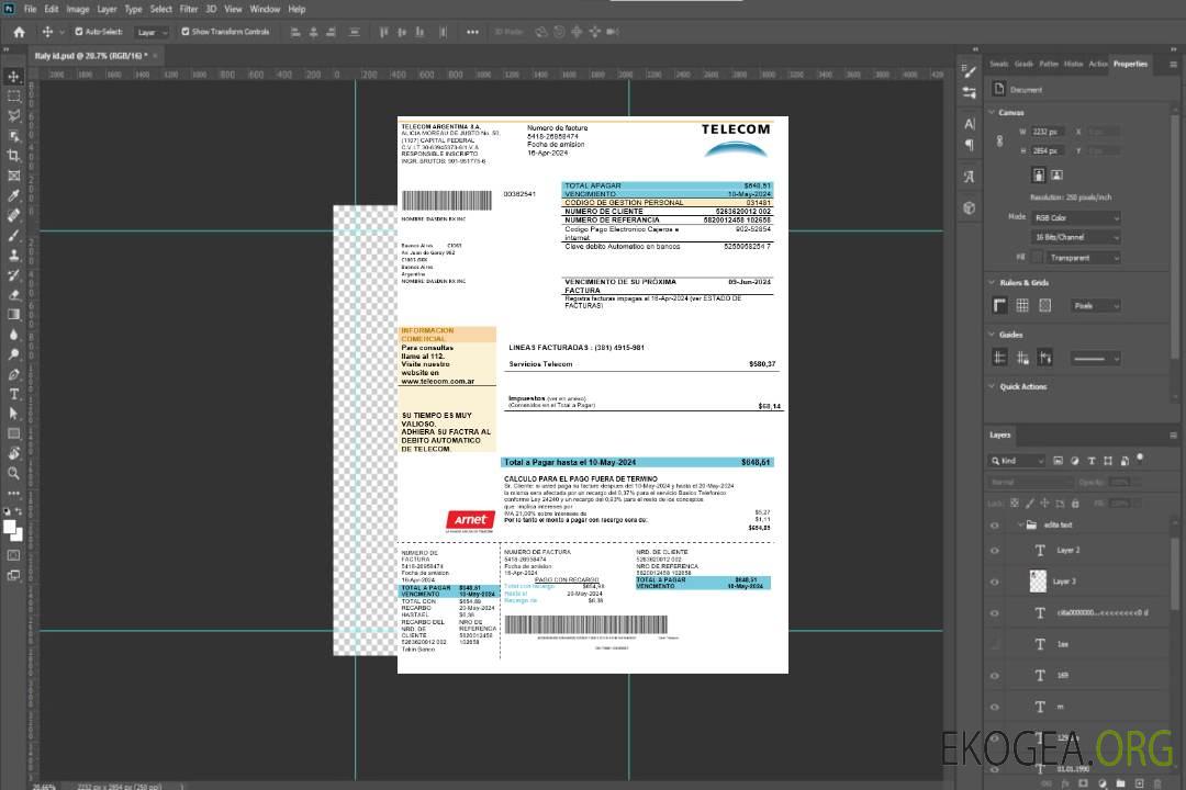 Modèle de facture de services publics d'Argentine Telecom au format Word et PDF entièrement modifiable, bon pour prouver l'adresse template